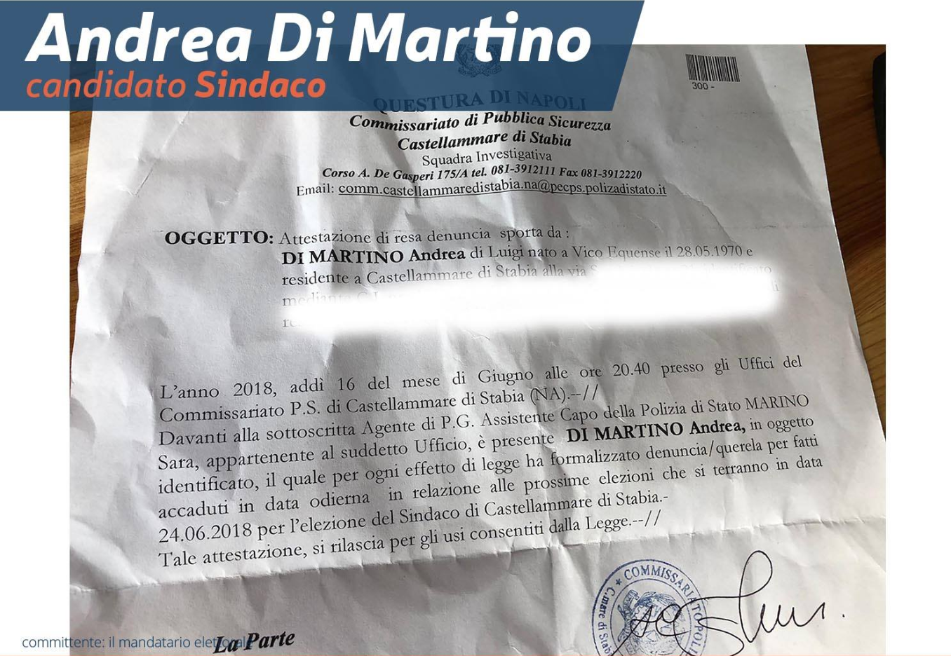 Di Martino: ”Ho denunciato intimidazioni, a Castellammare deve trionfare il voto pulito”
