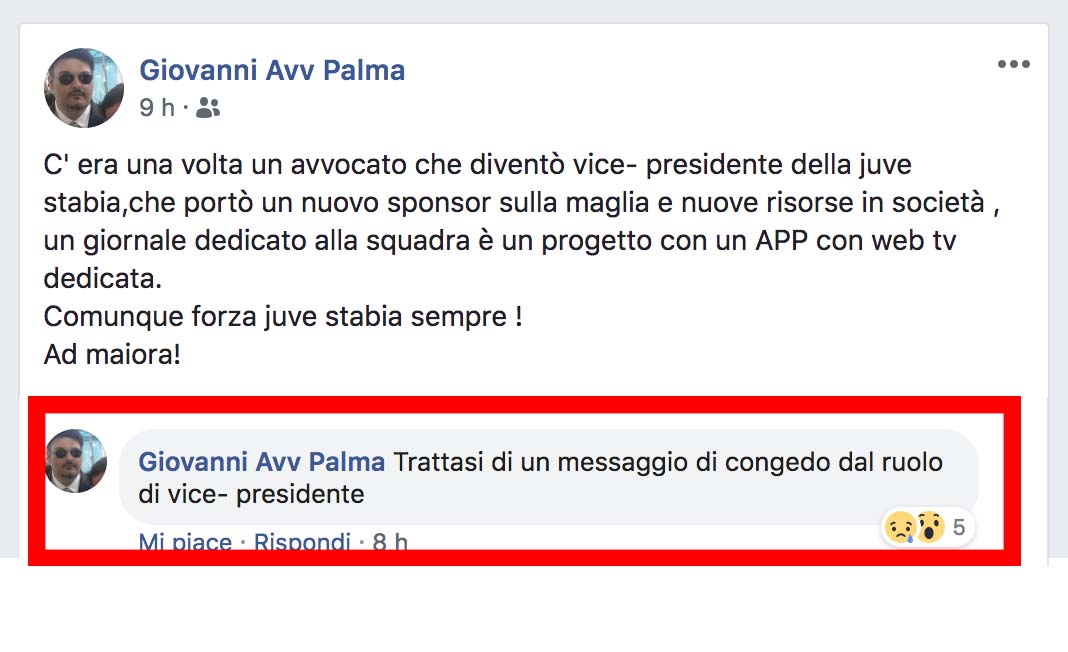 Juve Stabia, il vice presidente lascia la società con un post su Fb