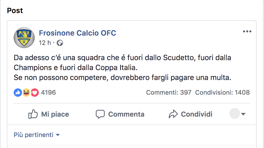 L’ironia dei tifosi del Frosinone: “Napoli fuori dalla Coppa? Ora paghi una multa”